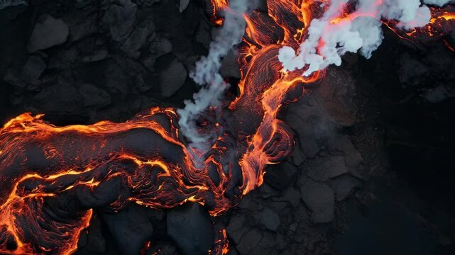 Aerial view of flowing lava and smoke, showcasing nature's raw power. The video captures vibrant reds and blacks in a dynamic, swirling pattern.