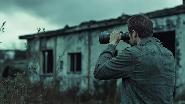 A rugged man in a weathered jacket observes an abandoned building through binoculars, creating a suspenseful and cinematic atmosphere. The moody, desaturated tones and overgrown 
