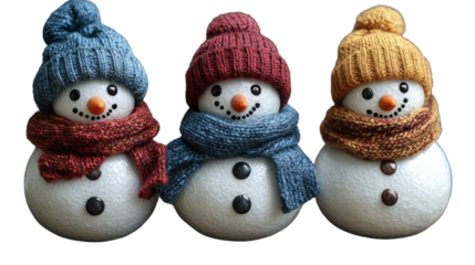 Festive Snowmen Trio: Capture the whimsical charm of a trio of snowmen adorned in colorful knitted hats and scarves, bringing a touch of winter wonder to any festive scene. 