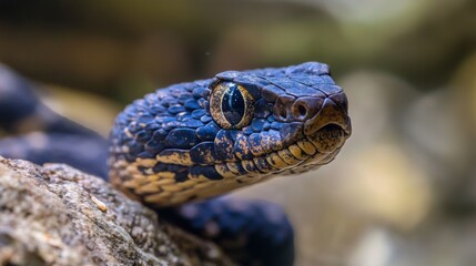 Naklejka premium Close-up view of a striking blue and gold snake in its habitat