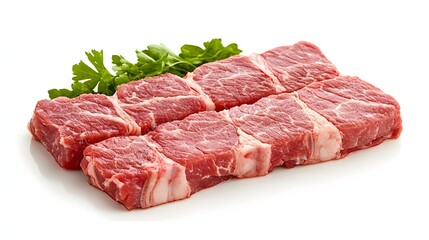 Fototapeta premium Fresh raw beef steak cut into portions isolated on white background with parsley garnish. High-quality meat for butchery, culinary preparation, protein-rich diets and gourmet cooking