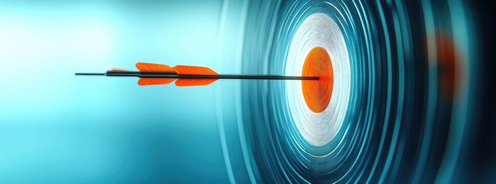 Precision archery three arrows hitting target digital blue and white background clean and professional environment focused viewpoint