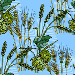 Seamless Pattern with hops and wheat. Color sketch style hand drawn background. Detailed illustration, hand drawn. Great for fabric and textile, prints, invitation, packaging, or any desired idea