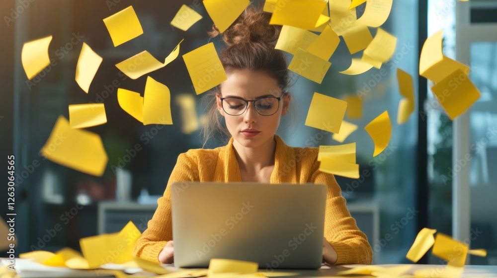 Poster focused woman in an office setting surrounded by flying sticky notes, symbolizing multitasking and s