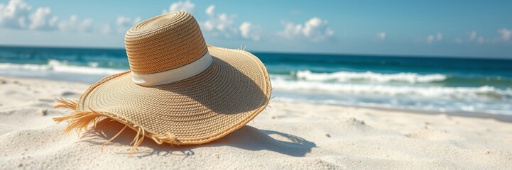 Stylish sunhat resting on beach sand against ocean, summer relaxation