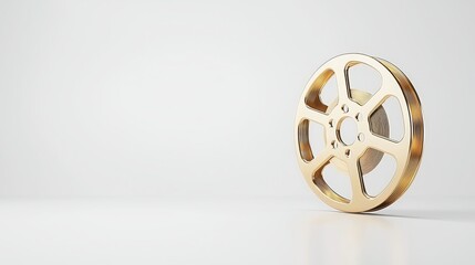 A golden film reel sits against a white backdrop, symbolizing cinema and filmmaking.