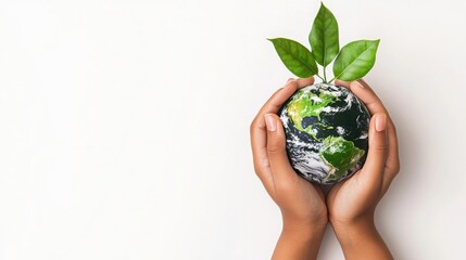 A pair of hands gently holds a small globe adorned with leaves, symbolizing environmental care and sustainability.