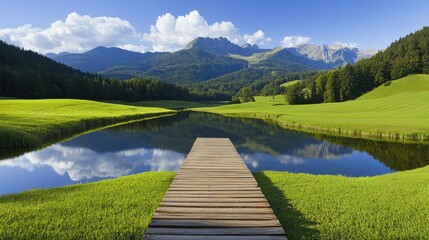 A serene wooden dock with a diving board sits by a reflective pond, showcasing vibrant trees and grass under bright midday skies