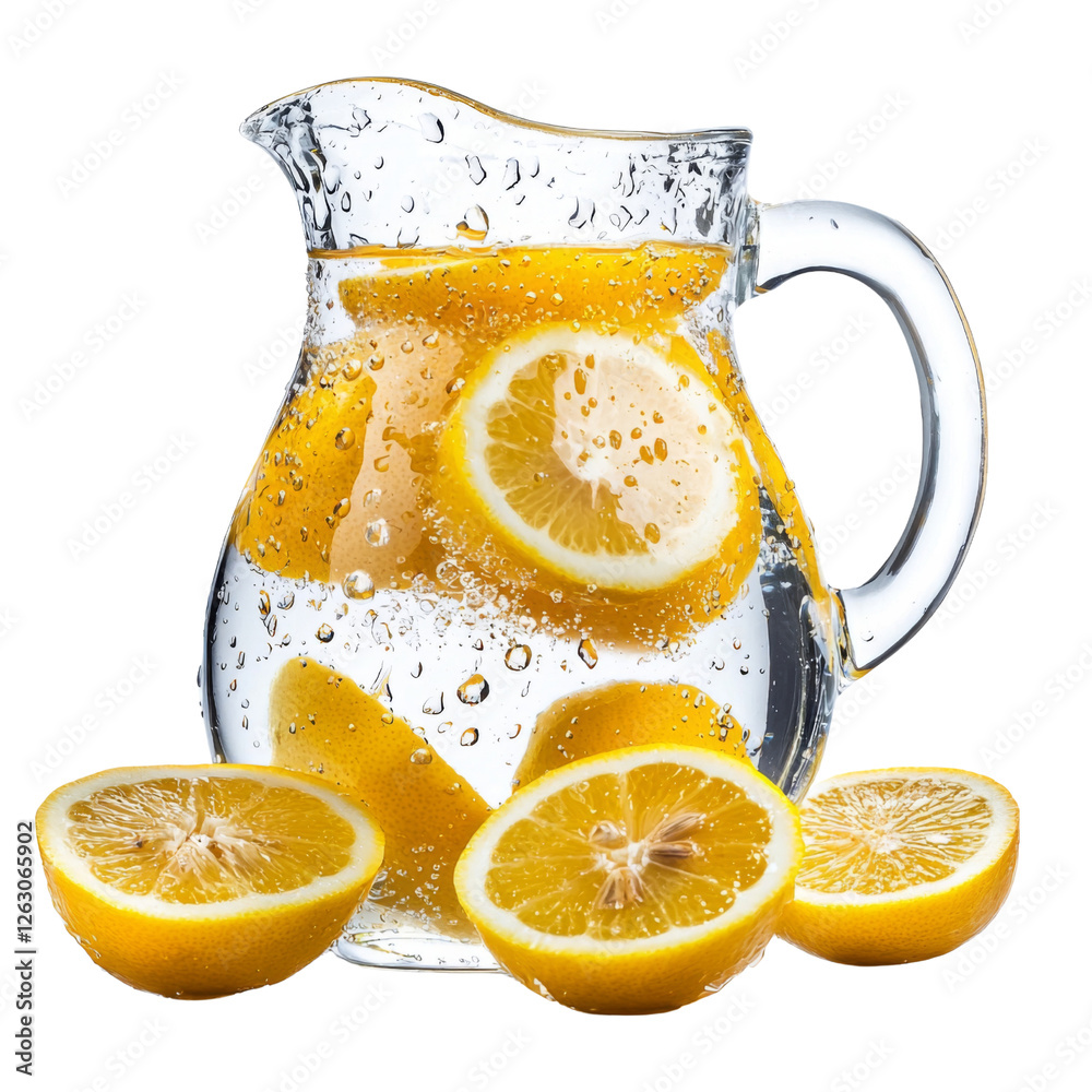 Poster refreshing lemonade pitcher with lemon slices and bubbles, perfect for summer. enjoy vibrant colors 