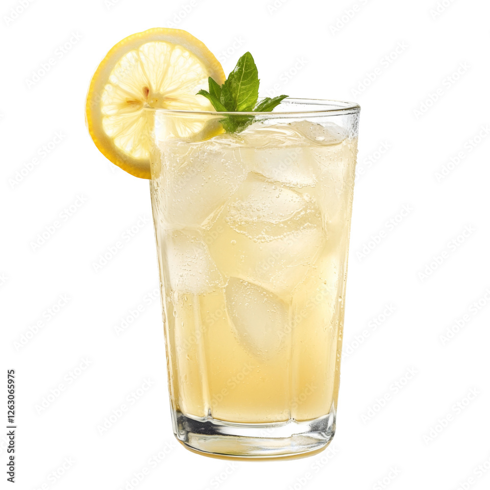Poster refreshing lemonade drink with ice and lemon slice