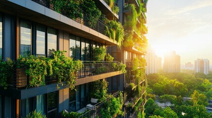 Modern Urban Building with Lush Greenery and Sunset View