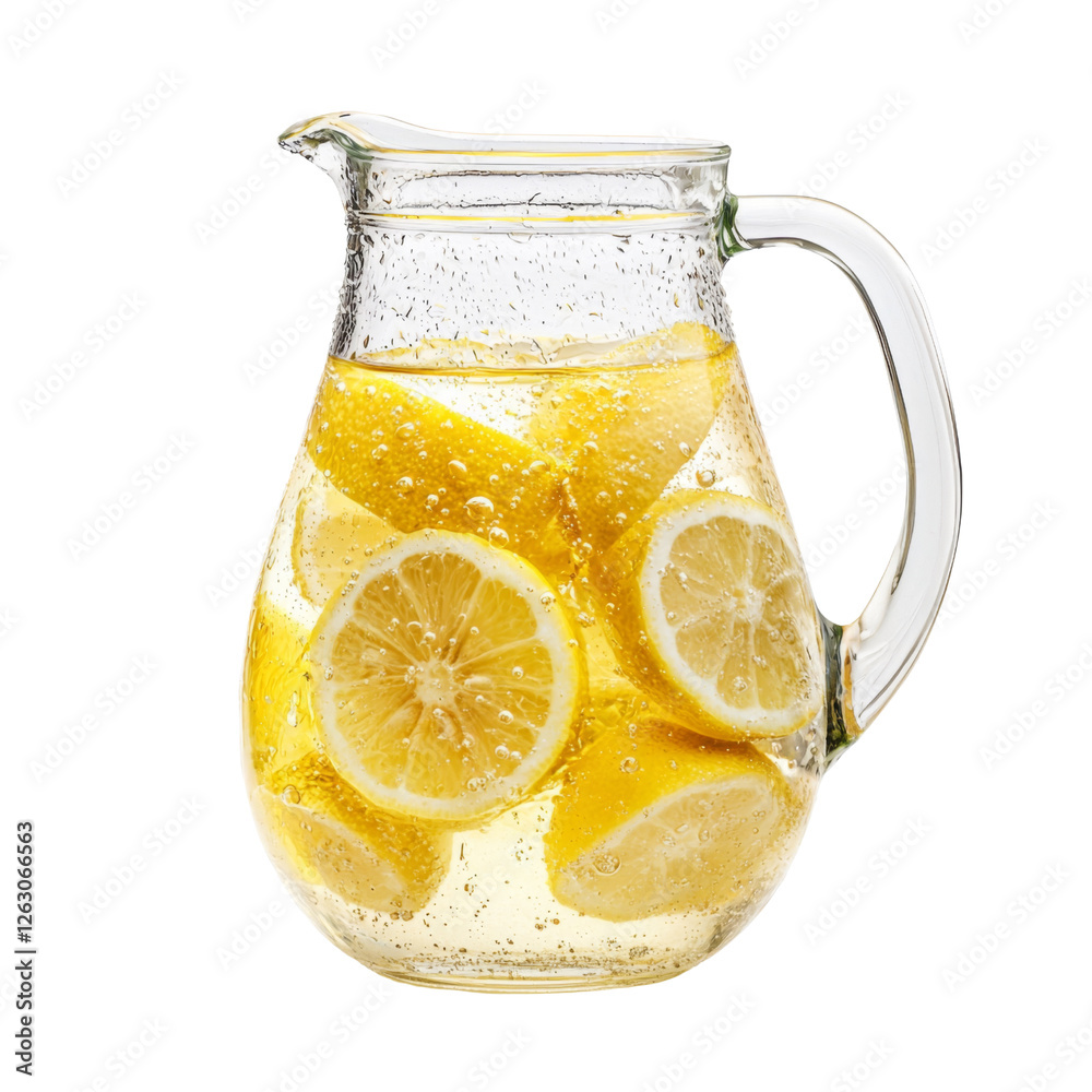 Aufkleber refreshing lemonade in glass pitcher with lemon slices and bubbles