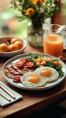 A delicious, well-arranged breakfast on a rustic wooden table, featuring fried eggs, crispy bacon, tomatoes, fresh greens, orange juice, and a natural, cozy atmosphere
