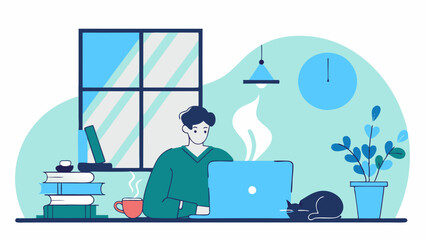 cozy home office scene featuring a freelancer sitting by a window