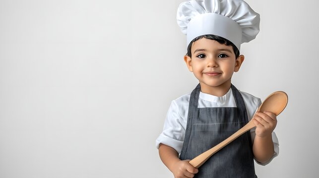 Young child dressed as a chef holding a wooden spoon, smiling against a plain background