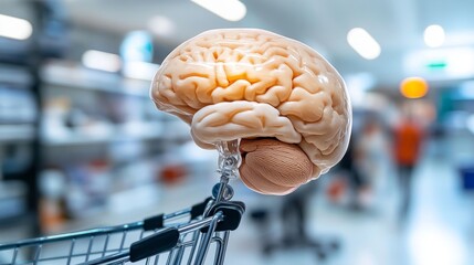Creative Concept of Shopping Cart with Human Brain Symbolizing Knowledge Acquisition and Learning in a Modern Retail Environment