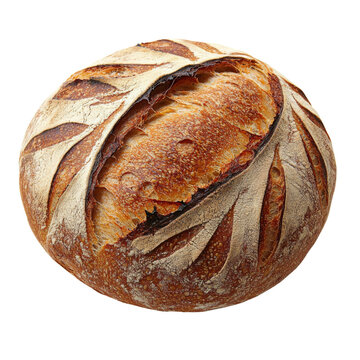 Freshly baked round sourdough bread with crispy crust and intricate scoring patterns, showcasing its artisanal quality and inviting aroma