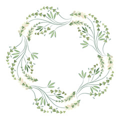 Round wreath of wild herbs, flowers and leaves. Decor for graphic design, printing and packaging. Isolated hand-drawn watercolor illustration.