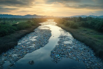 Environmental Pollution River Choked with Plastic Waste at Sunrise, Dramatic Landscape