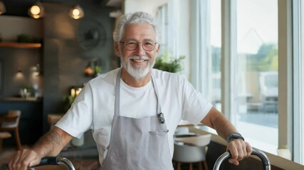 A cheerful barista stands proudly in a welcoming cafe, showcasing years of dedication with a sincere smile while engaging with customers. This space radiates warmth and comfort.