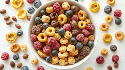 Colorful Breakfast Cereal in a Bowl Surrounded by Extra Pieces