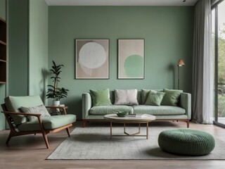 Serene Green Living Room with Modern Sofa and Artwork