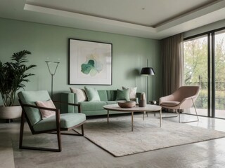 Fototapeta premium Modern Sage Green Living Room Interior Design