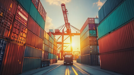 Container truck in ship port for business Logistics and transportation of Container Cargo ship and Cargo plane with working crane bridge in shipyard at sunrise, logistic import export and transport