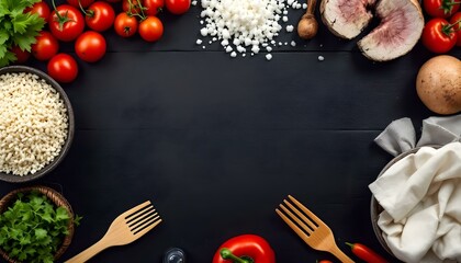 The background of cooking. On a black wooden background. Top view. Free space for your text.