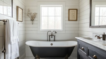 Fototapeta premium Elegant Modern Bathroom with Freestanding Bathtub and White Decor