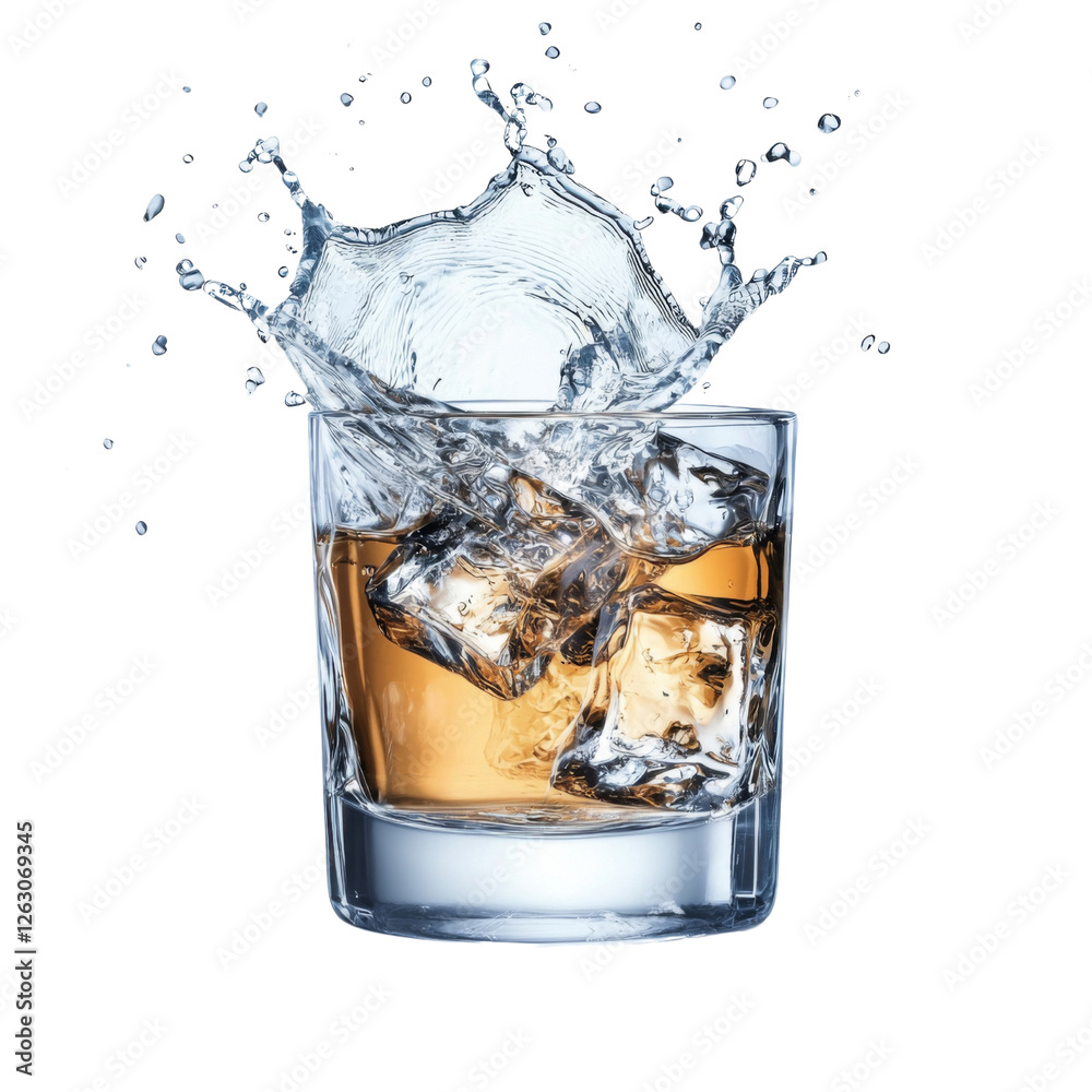 Aufkleber glass of whiskey with ice splashing, creating refreshing scene. vibrant colors and dynamic motion evoke sense of enjoyment and relaxation