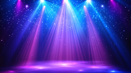 Vibrant stage with colorful spotlights shining in a cosmic atmosphere, perfect for event promotions, concerts, and entertainment backgrounds