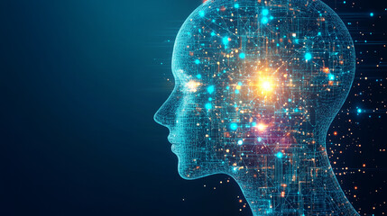 Fototapeta premium Digital human head with glowing neural connections symbolizing artificial intelligence, big data, and the future of advanced technology