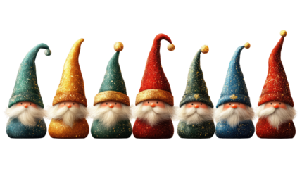 Whimsical Gnomes: A charming gathering of colorful gnomes with long, pointed hats and flowing beards stands in a row, ready to add a touch of enchantment and holiday cheer. 
