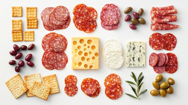 A Beautifully Arranged Charcuterie Board Featuring Sliced Salami, Cheeses, Olives, and Crackers