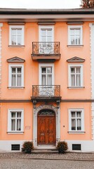 Obraz premium Peach-colored building, European architecture, city street, symmetrical facade, autumn