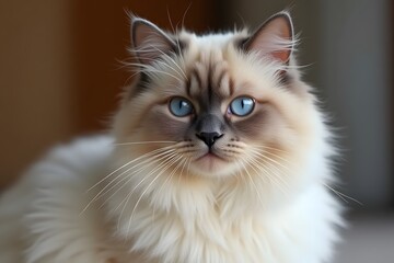 A Neva Masquerade kitten of the Nevsky masquerade breed looks with interest at the camera