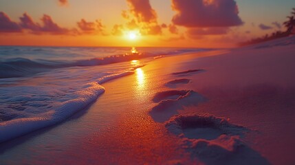 Couple enjoying a beach sunset, their footprints in the sand, warm ocean breeze surrounding them