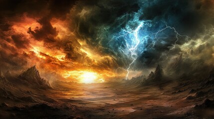 Fototapeta premium Dramatic landscape showcasing a fiery sunset contrasted by a stormy sky with lightning