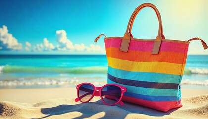 Naklejka premium Artistic portrayal of a colorful summer bag with sunglasses radiating joy and adventure