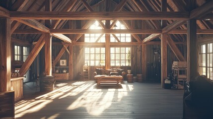 Fototapeta premium Cozy Rustic Interior with Exposed Beams and Natural Light