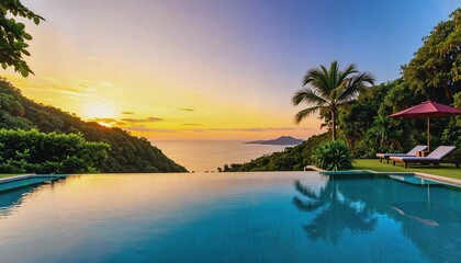 Obraz premium Tranquil infinity pool at sunset surrounded by lush greenery and serene atmosphere