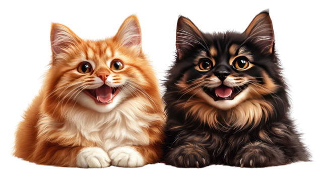 Joyful Cat Duo: A pair of adorable, fluffy cats with expressive faces share a moment of pure happiness, their playful expressions capturing the essence of feline charm.