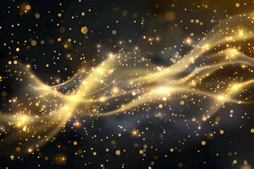 Obraz premium Abstract golden light waves with sparkling particles on a dark background, creating a magical ambiance