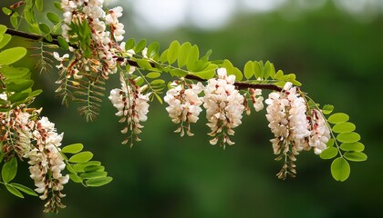 reddish brown branch of robinia pseudoacacia with racemes of white flowers in may