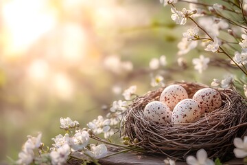 Obraz premium Easter Joy Hand-painted Easter eggs nestled in a woven basket alongside vibrant yellow daffodils symbolizing the arrival of spring and the festive spirit of the holiday