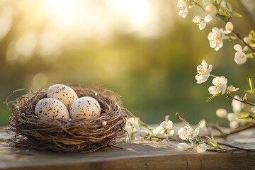 Spring's Bounty Quail eggs nestled in a delicate nest amidst blossoming spring flowers symbolizing new life renewal and the beauty of nature's creations