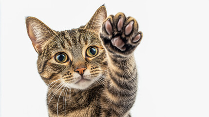 A classic tabby house cat sitting upright, facing forward with one paw extended towards the viewer