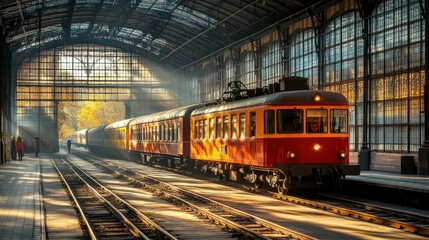 Vintage train in sunlit railway station