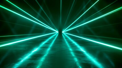 Converging turquoise illumination over a reflecting surface creating an immersive depth illusion